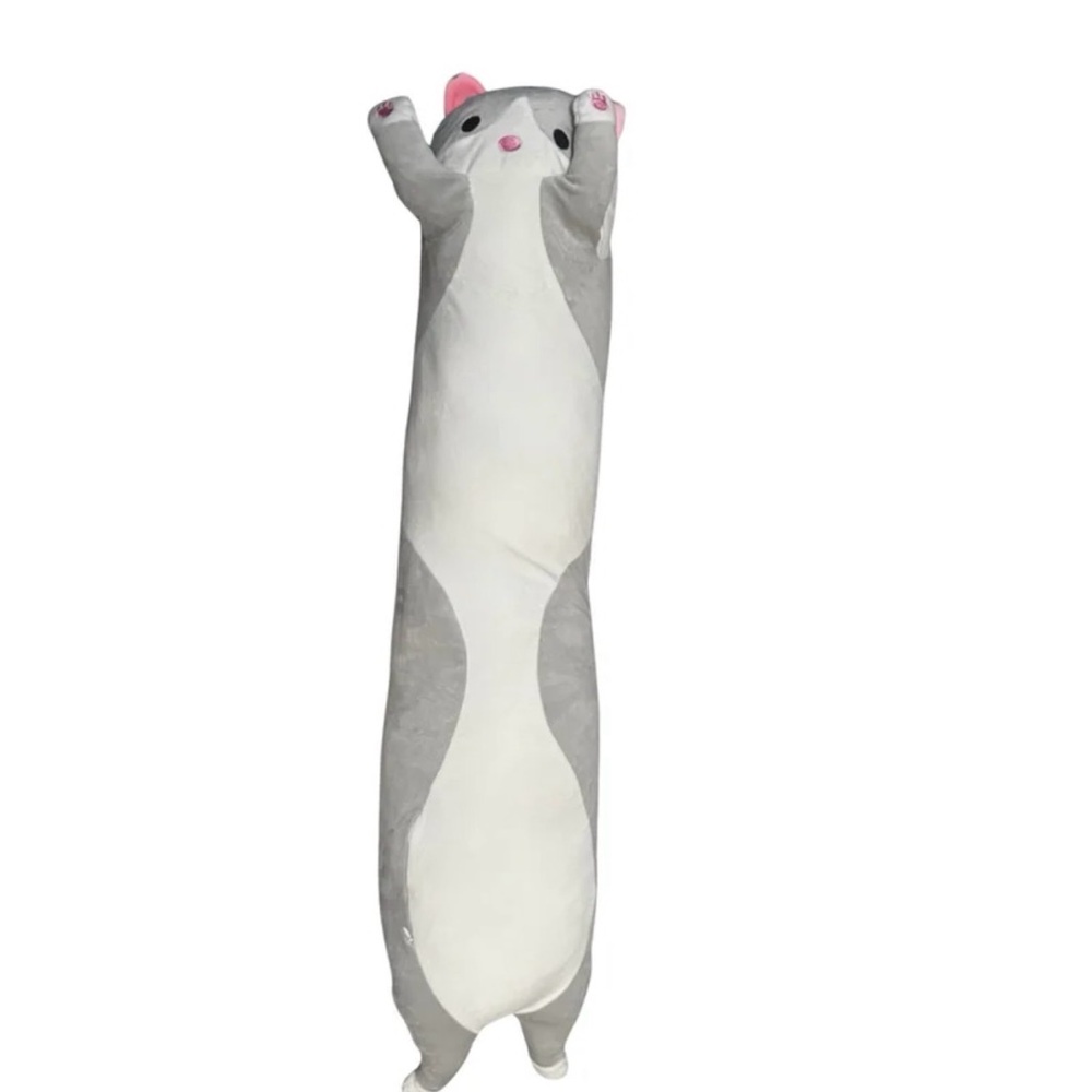 Extra Long Cat Plush Body Pillow 43” – Soft Gray & White Stuffed Animal